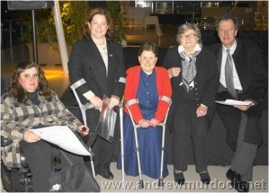 Inaugural recipient of Malcolm B Menelaus Achievement Award. Kerrie Duff (nee Engel) second from left with Liz Romanis, (honorable mention) Sue O'Neal (joint inaugural recipient), Mrs Margaret Menelaus and Geoffrey Rush. 2004 SBFV Night of Nights.